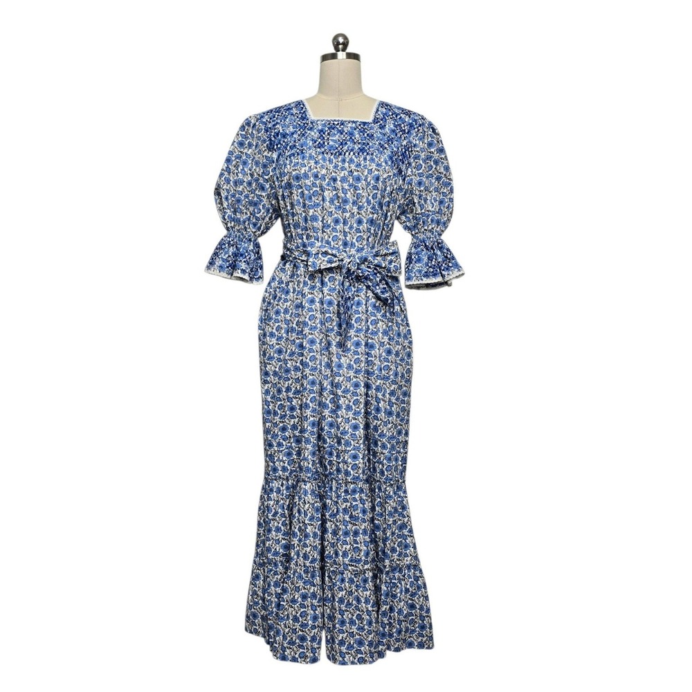 Margarita Mercantile Blue Floral Smocked Cotton Maxi Dress Size M Belted Mexico